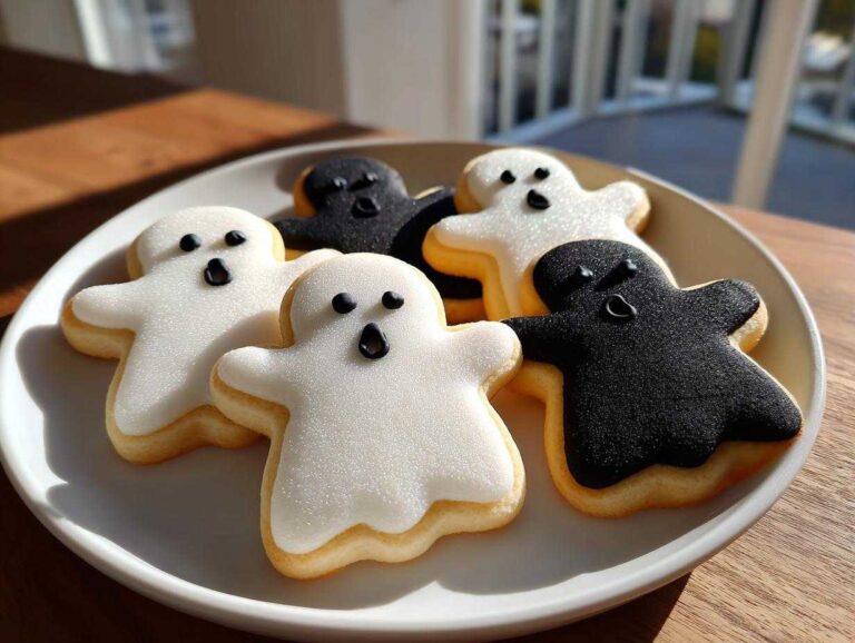 A plate of spooky Halloween ghost cookies, some iced white and some black, ready to eat.