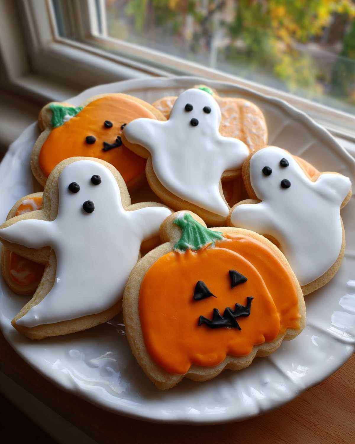 Plate of Halloween sugar cookies shaped like ghosts and pumpkins, decorated with icing.