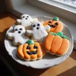Plate of decorated Halloween sugar cookies including ghost and pumpkin shapes with icing.