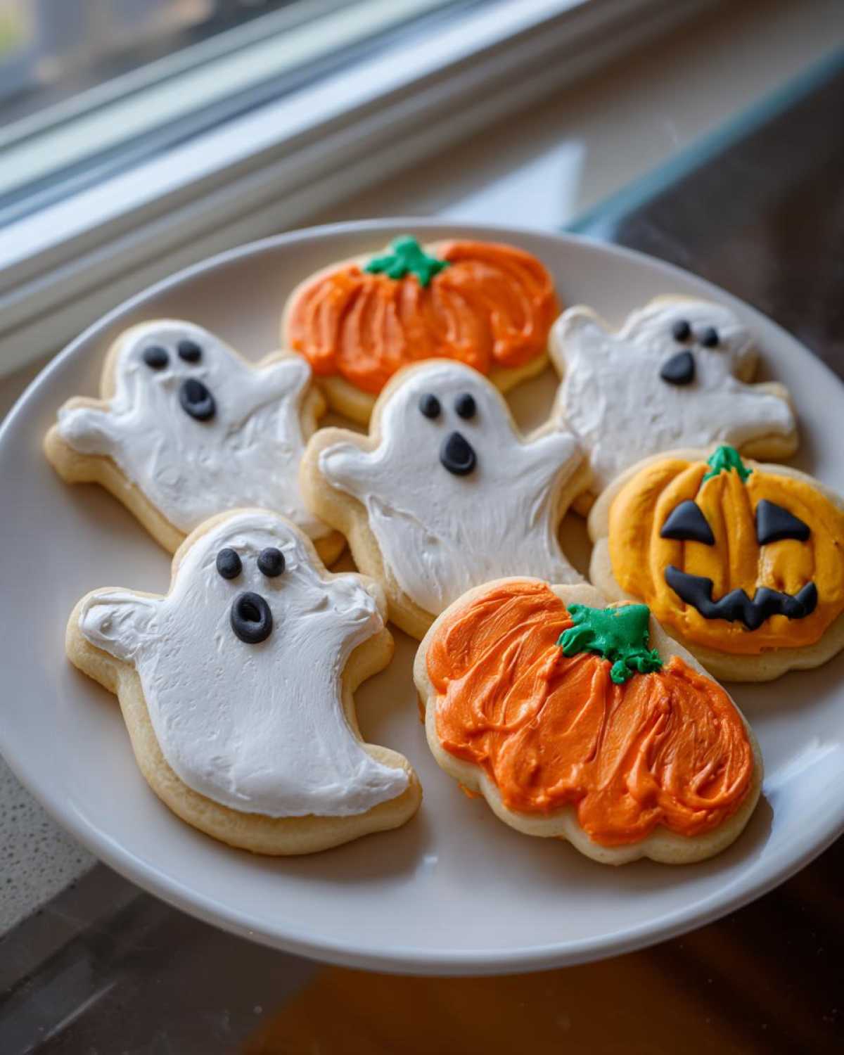 A plate of festive Halloween sugar cookies, including ghost and pumpkin shapes with colorful icing.