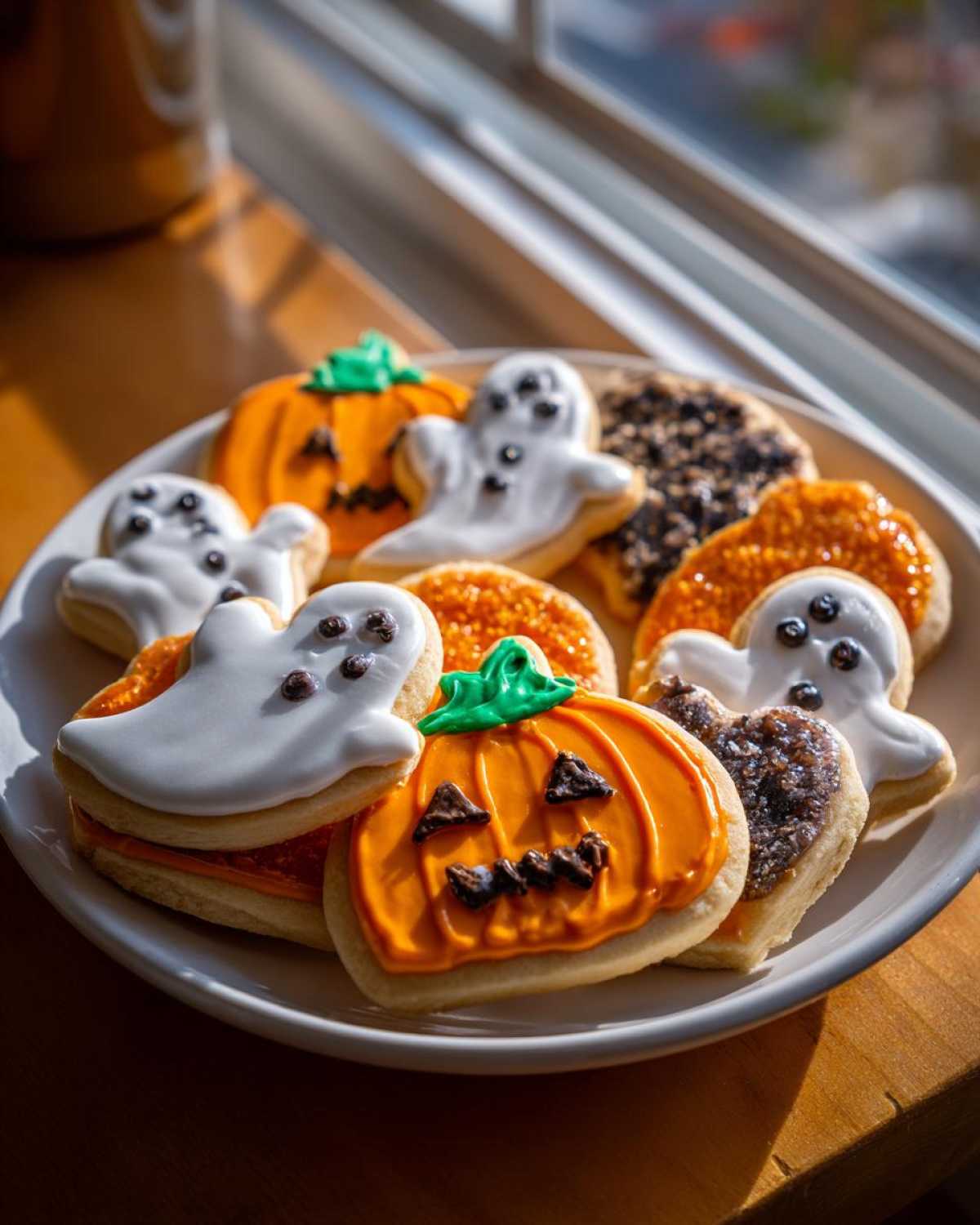 A plate of decorated Halloween sugar cookies, including ghosts and pumpkins, sits by a window.