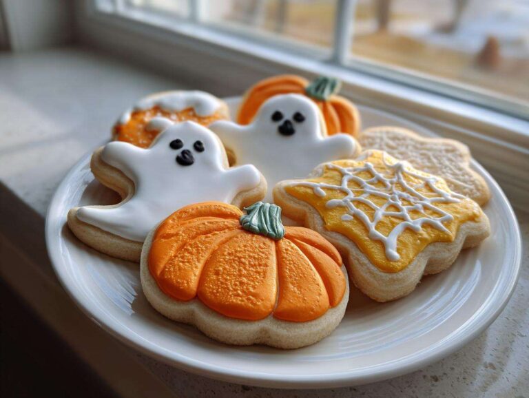 Plate of Halloween sugar cookies in ghost, pumpkin, and spiderweb shapes, decorated with colorful icing.