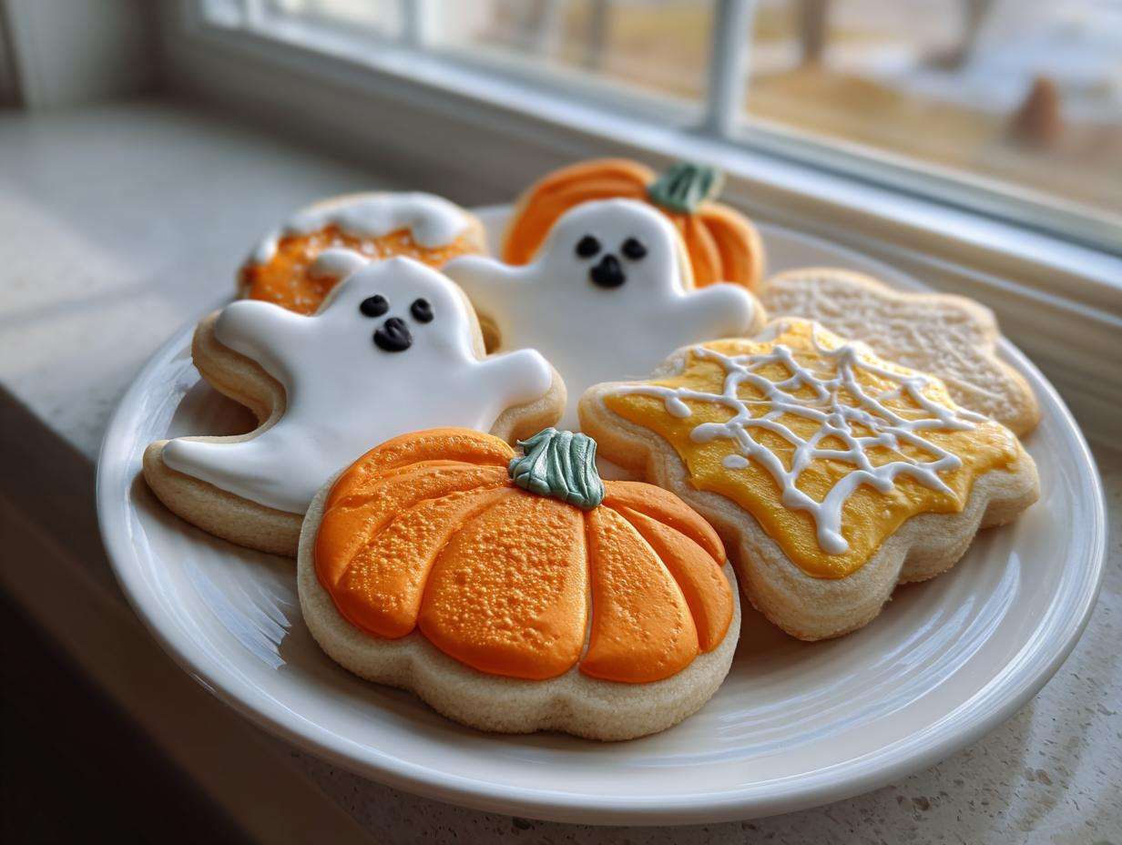 Plate of Halloween sugar cookies in ghost, pumpkin, and spiderweb shapes, decorated with colorful icing.