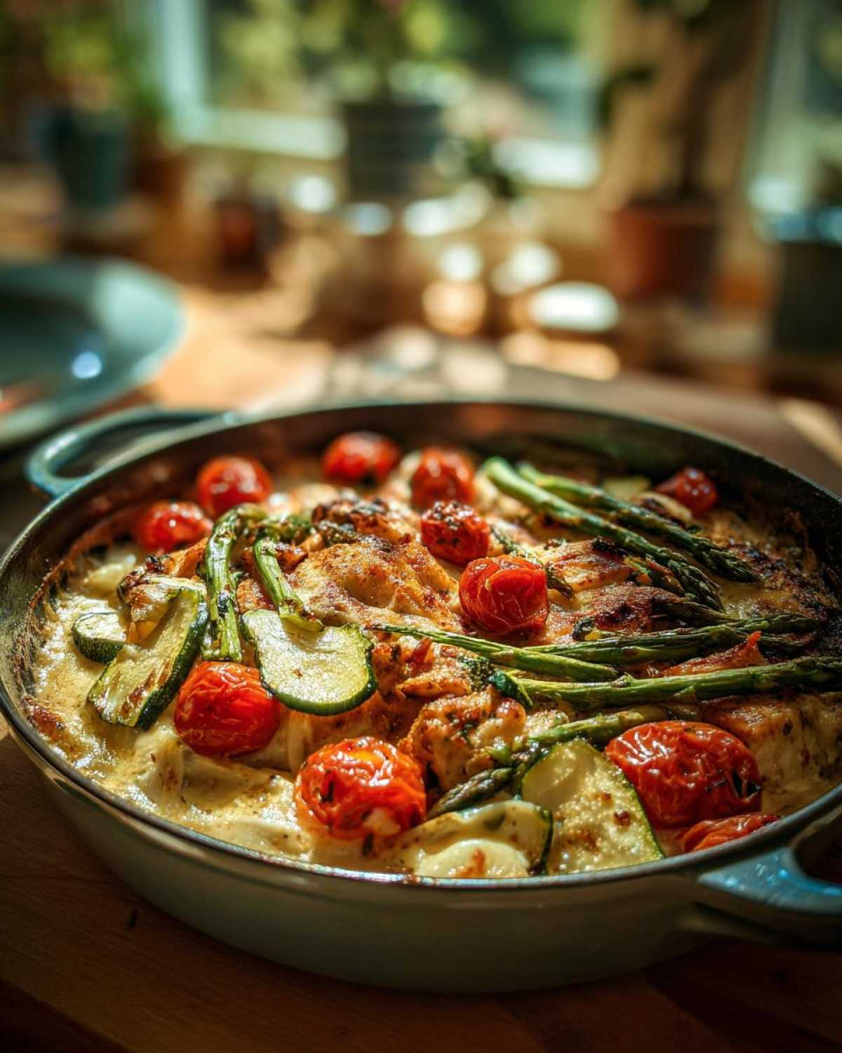 Close-up of healthy baked feta pasta with vegetables including tomatoes, zucchini, and asparagus in a baking pan.