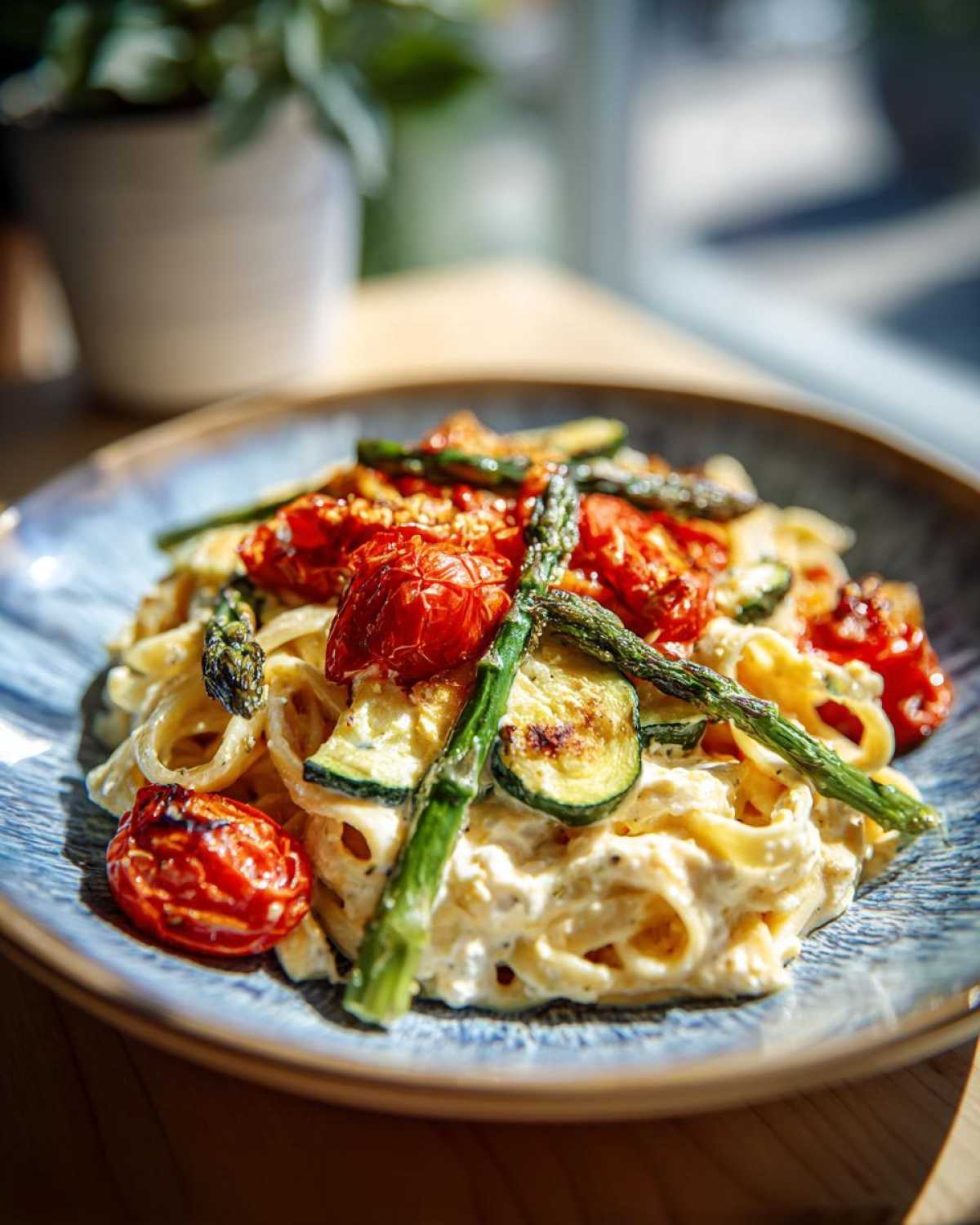 A plate of healthy baked feta pasta with vegetables, including tomatoes, zucchini, and asparagus.
