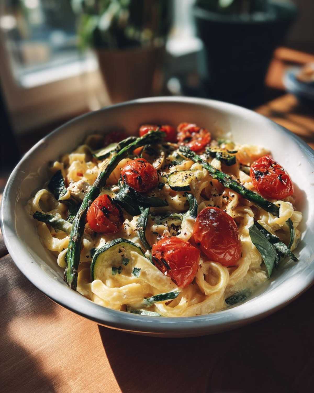 Bowl of healthy baked feta pasta with vegetables like tomatoes, zucchini, and asparagus.