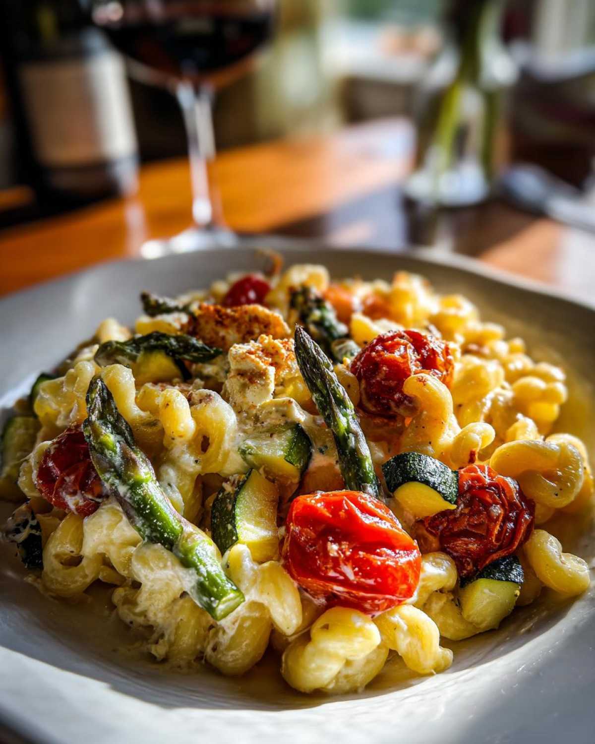 A plate of healthy baked feta pasta with vegetables, including tomatoes, zucchini, and asparagus.