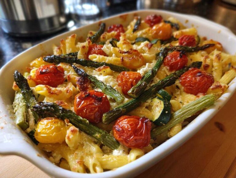 A delicious Healthy baked feta pasta with vegetables, featuring tomatoes, asparagus, and zucchini in a white baking dish.