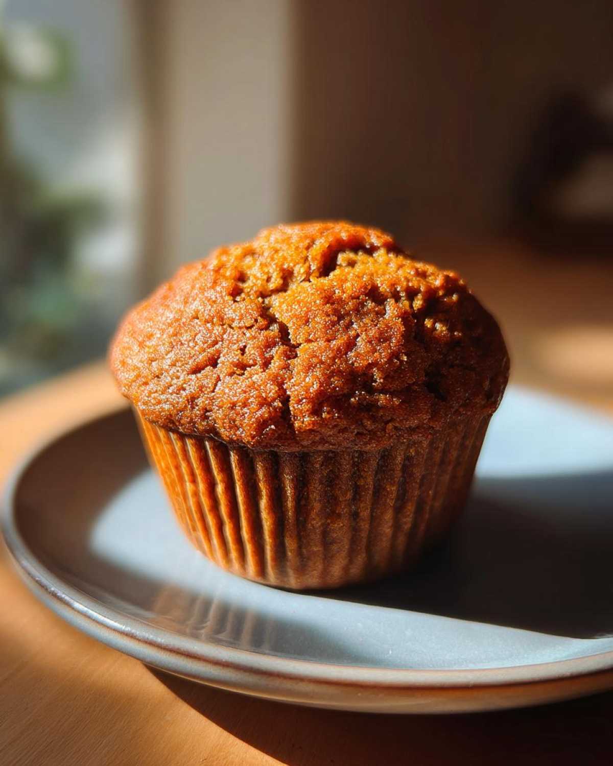 A single healthy pumpkin muffin sits on a blue plate, showcasing its texture and warm color.