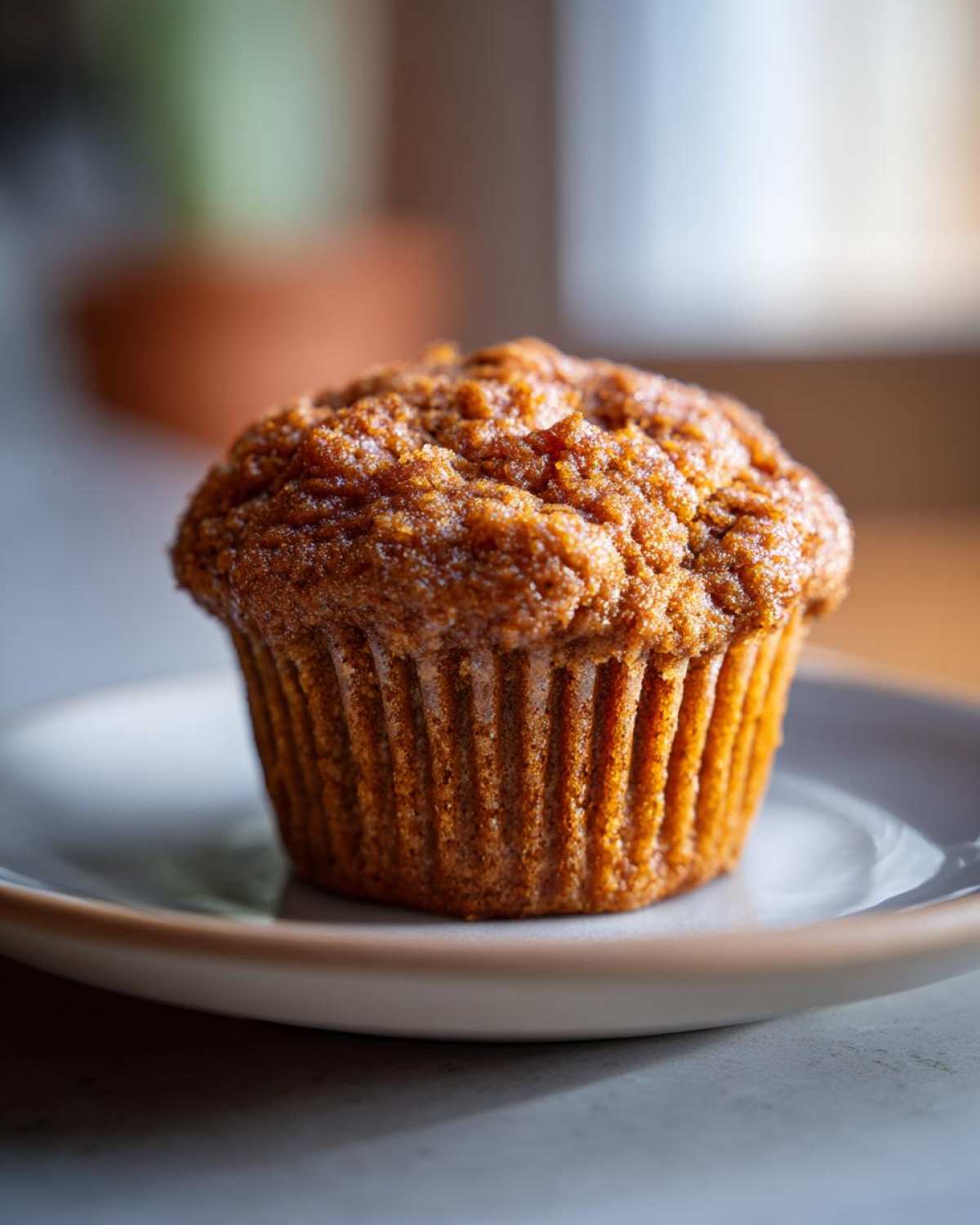 Close-up of a single healthy pumpkin muffin on a small plate, showcasing its texture and color.
