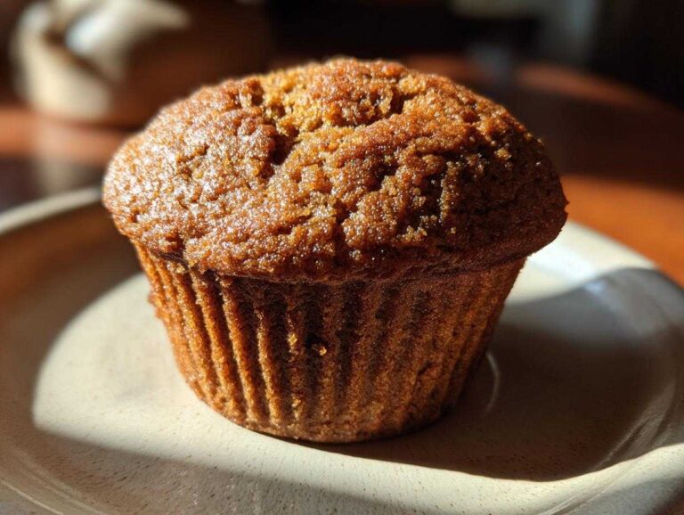 A single healthy pumpkin muffin sits on a plate, showcasing its texture and warm color.