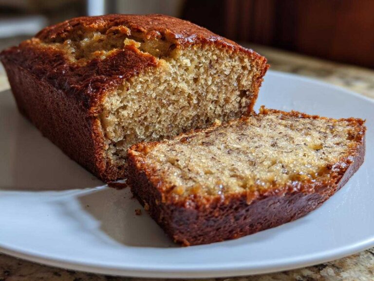 A loaf of high protein banana bread with a slice cut, sitting on a white plate.