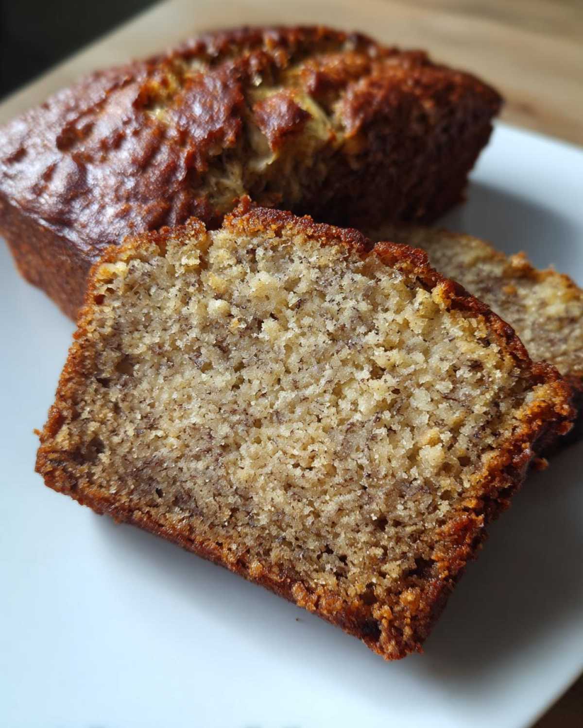 A slice of moist high protein banana bread on a white plate, showcasing its texture and golden crust.