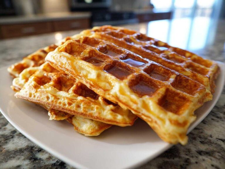 A stack of golden brown high protein waffles on a white plate, drizzled with syrup.