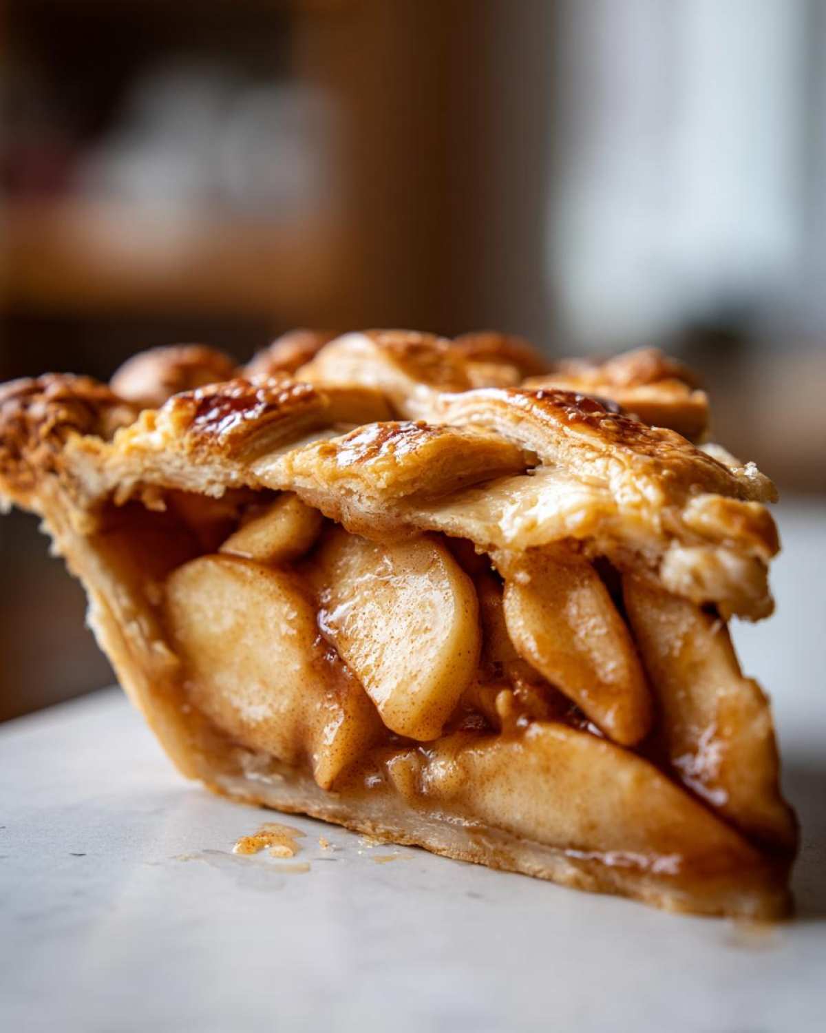 A delicious slice of homemade apple pie with a flaky crust and juicy apple filling.
