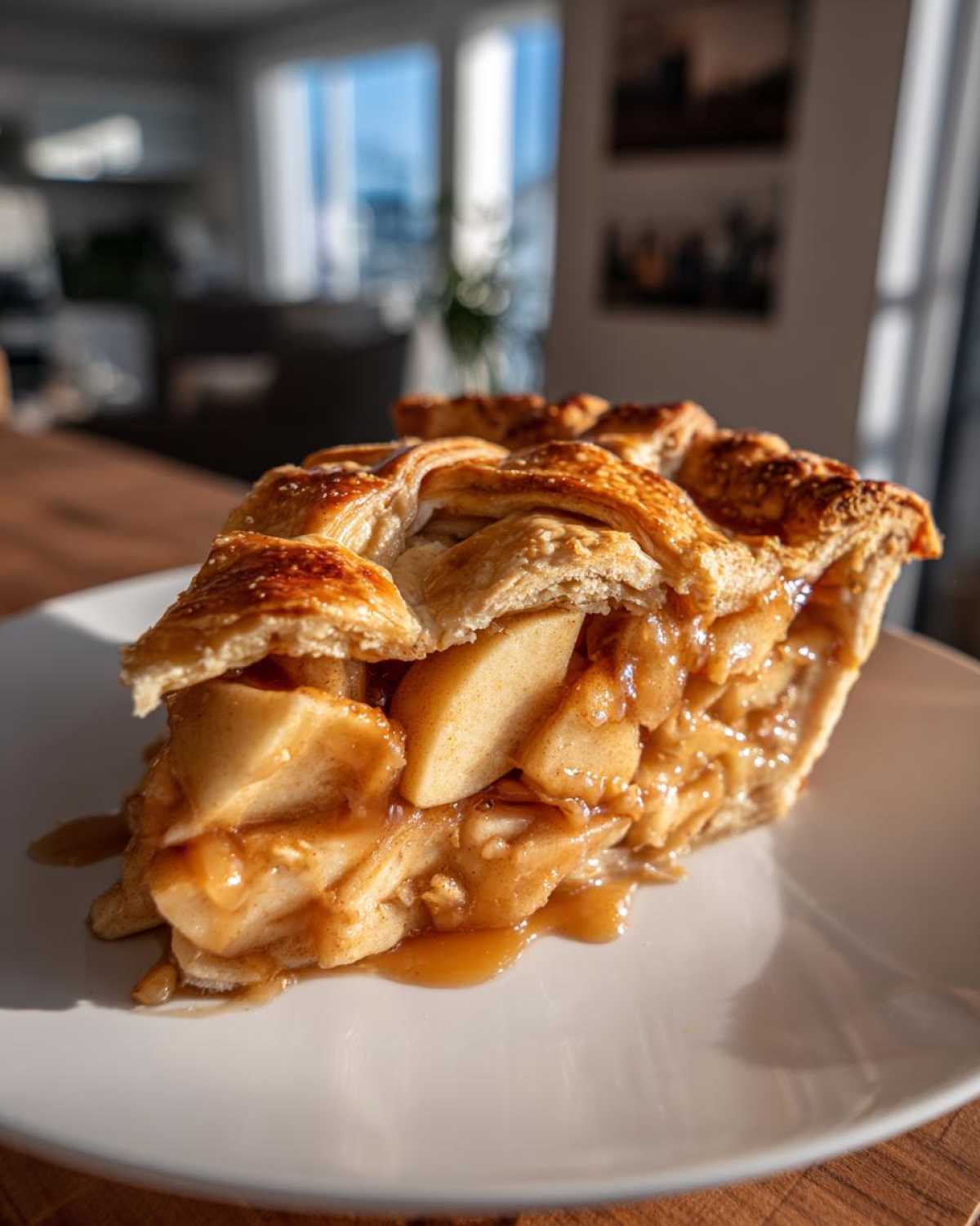 A delicious slice of homemade apple pie with a flaky crust and juicy apple filling on a white plate.