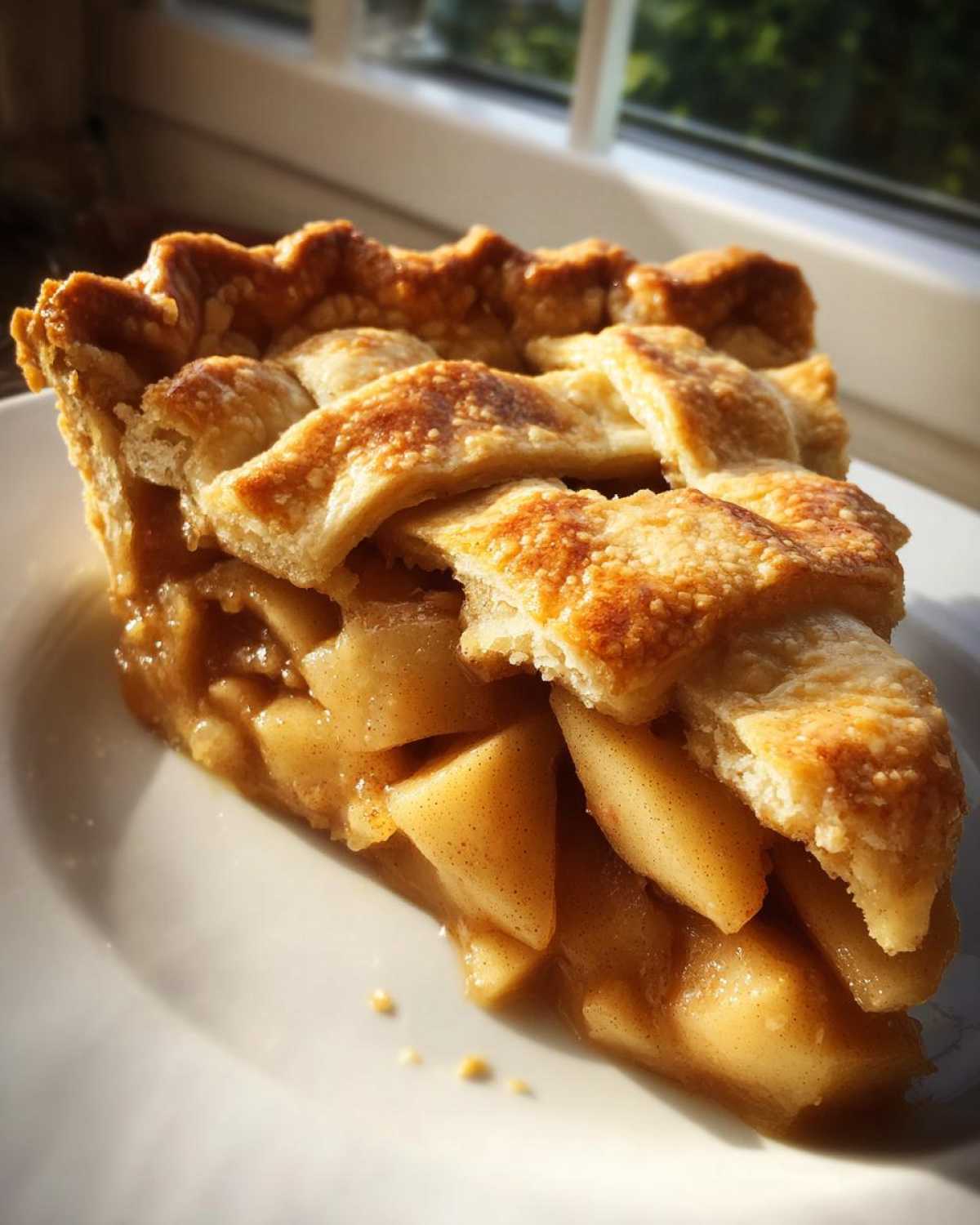 A slice of homemade apple pie with a lattice crust, filled with spiced apples, sits on a white plate.