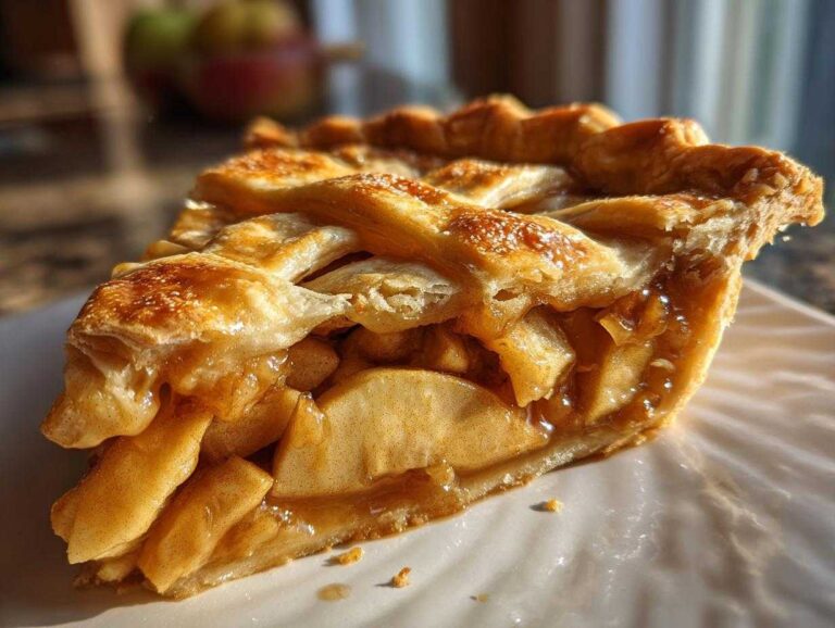 A delicious slice of homemade apple pie with a lattice crust and juicy apple filling.