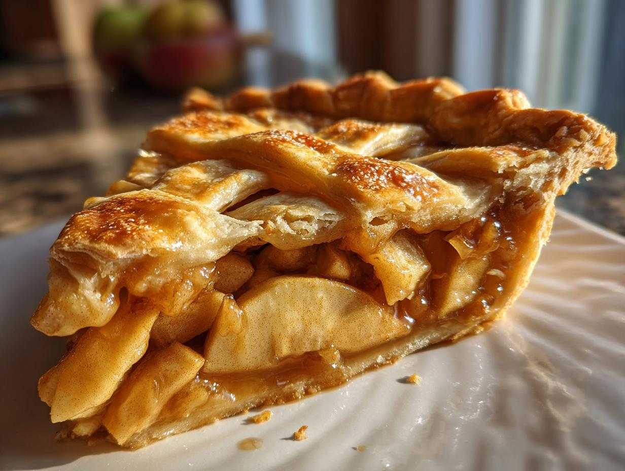 A delicious slice of homemade apple pie with a lattice crust and juicy apple filling.