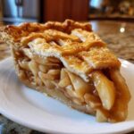 A delicious slice of homemade apple pie with a lattice crust on a white plate, ready to eat.
