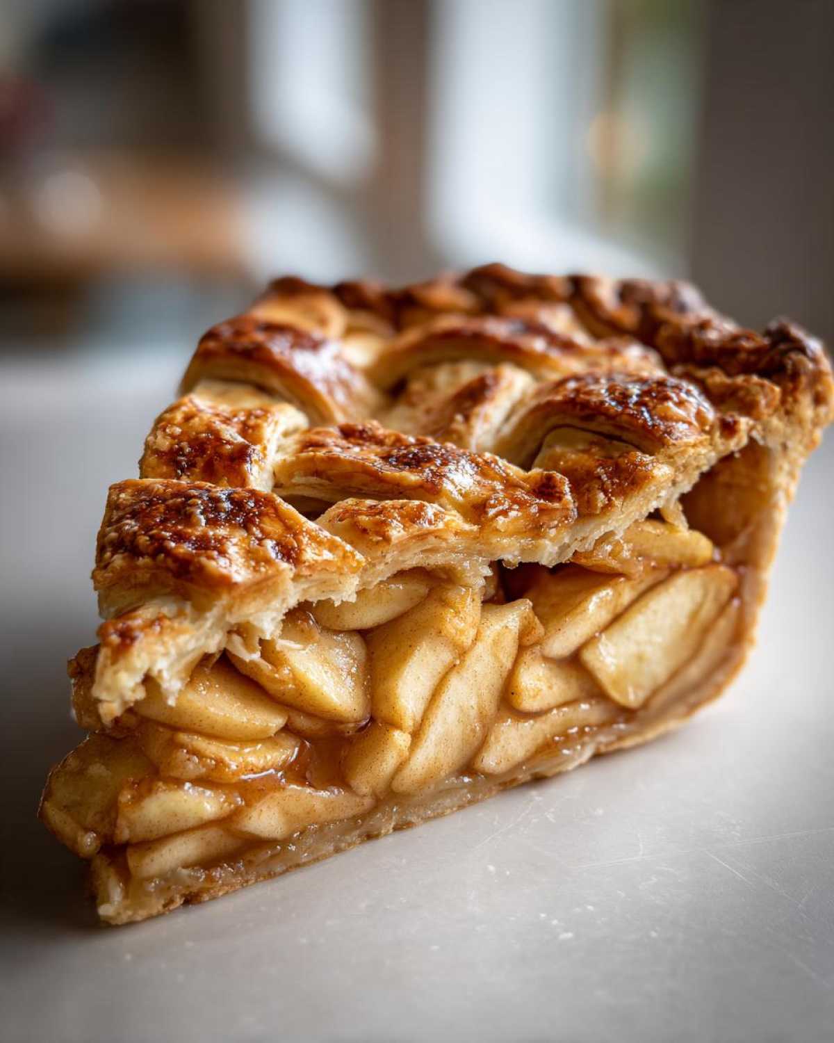A slice of homemade apple pie featuring a flaky lattice crust and a delicious apple filling.