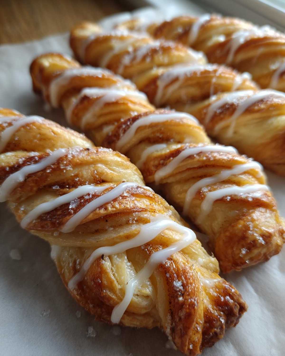 Close-up of freshly baked cinnamon twists drizzled with sweet icing on parchment paper.