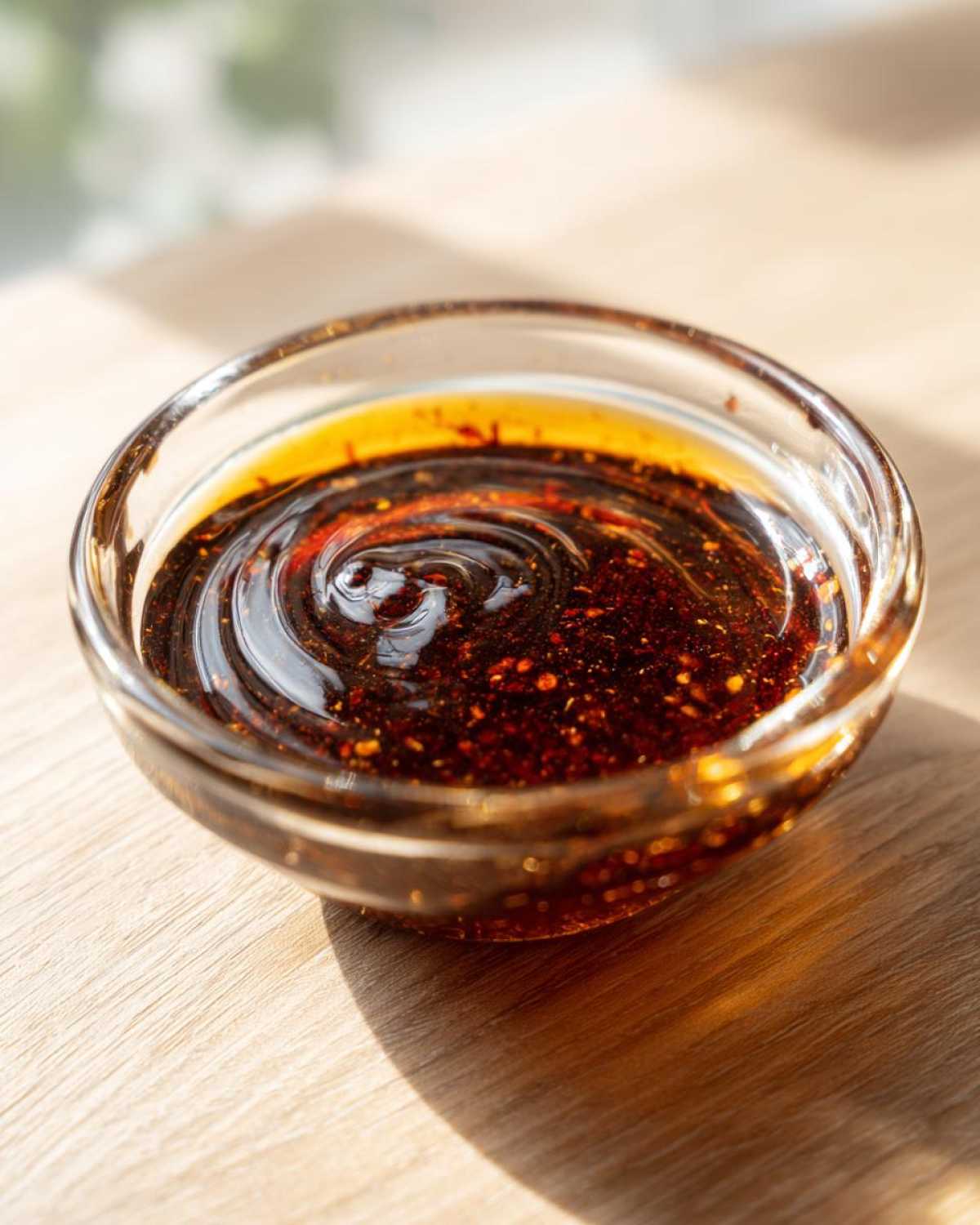 Close-up of a clear bowl filled with homemade Dumpling Sauce, showing its rich color and texture.
