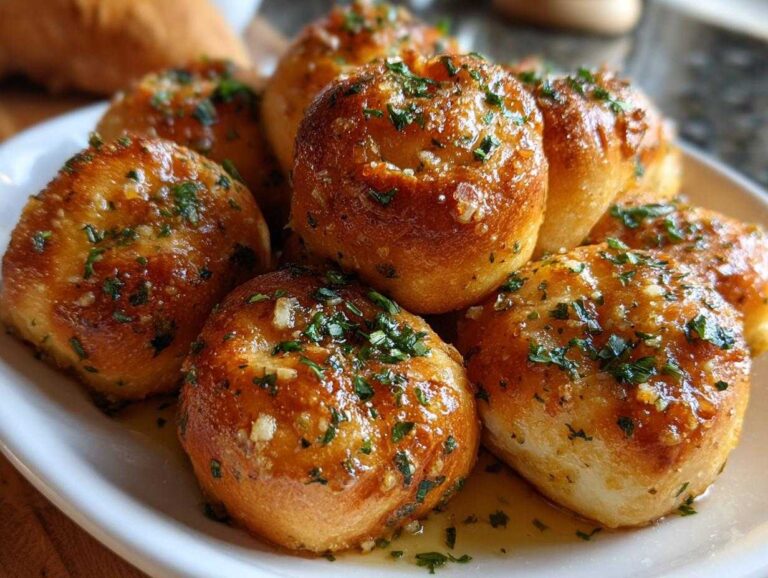 A plate of freshly baked homemade garlic knots, glistening with garlic butter and sprinkled with parsley.