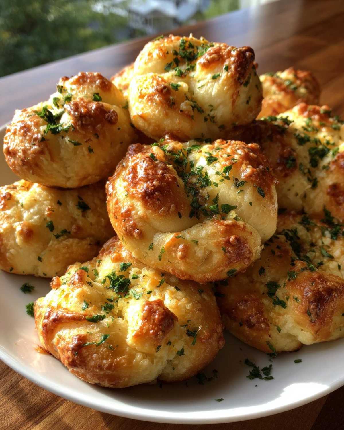 Pile of freshly baked homemade garlic knots on a white plate, sprinkled with herbs.