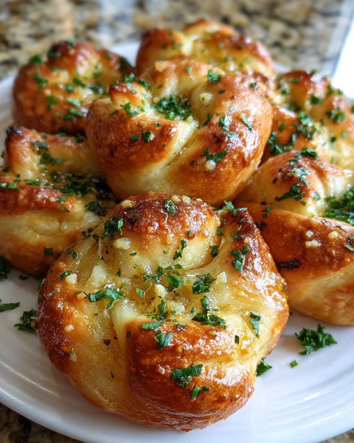 Close-up of several homemade garlic knots, glistening with garlic butter and parsley, served on a white plate.