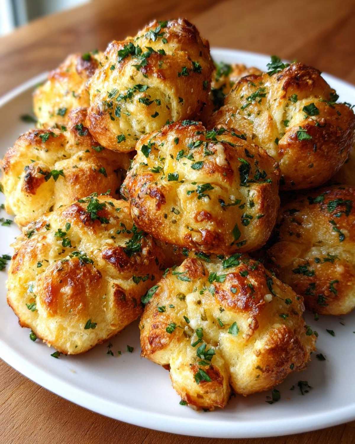 A plate piled high with golden brown homemade garlic knots, topped with fresh parsley.