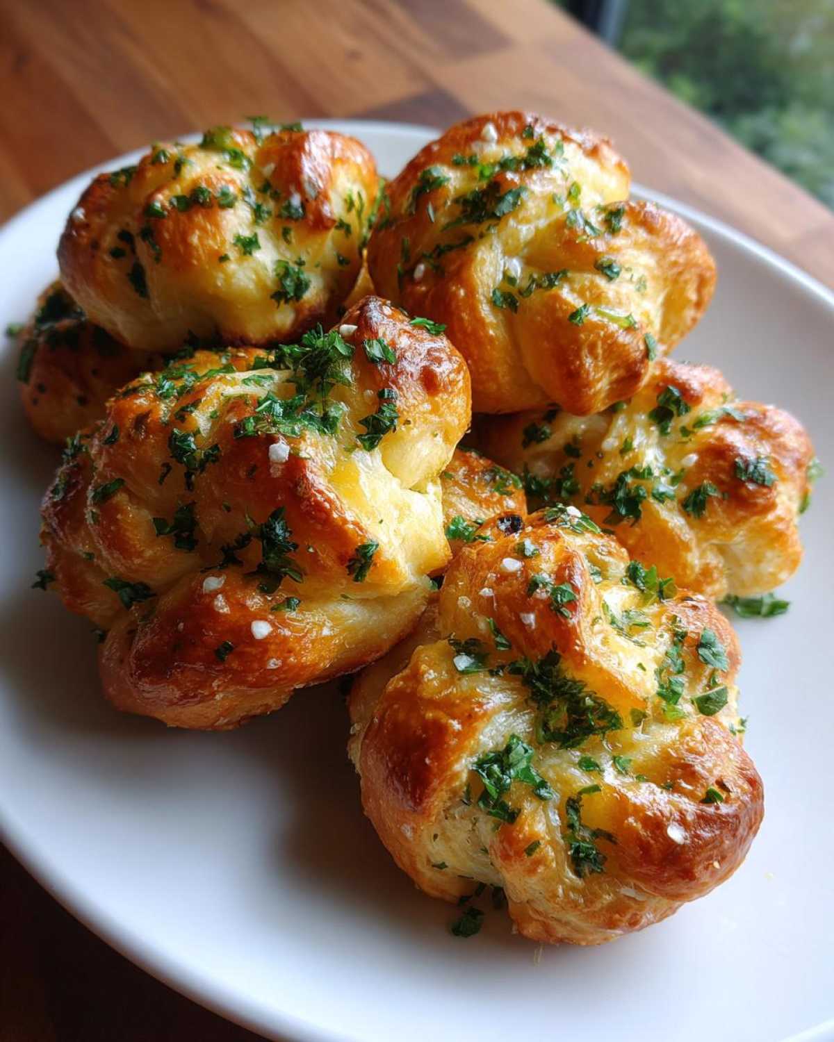 A stack of golden brown homemade garlic knots, topped with fresh parsley and sea salt on a white plate.