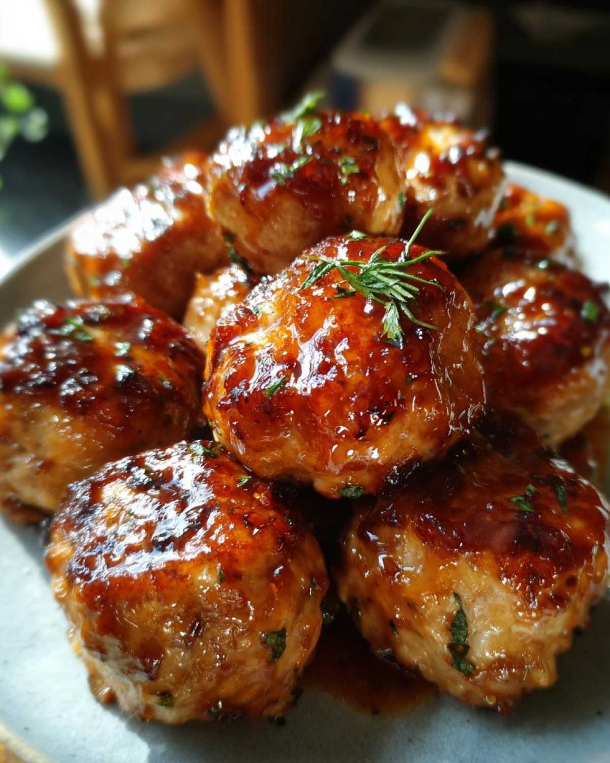 A plate of glazed honey garlic turkey meatballs, garnished with fresh herbs.