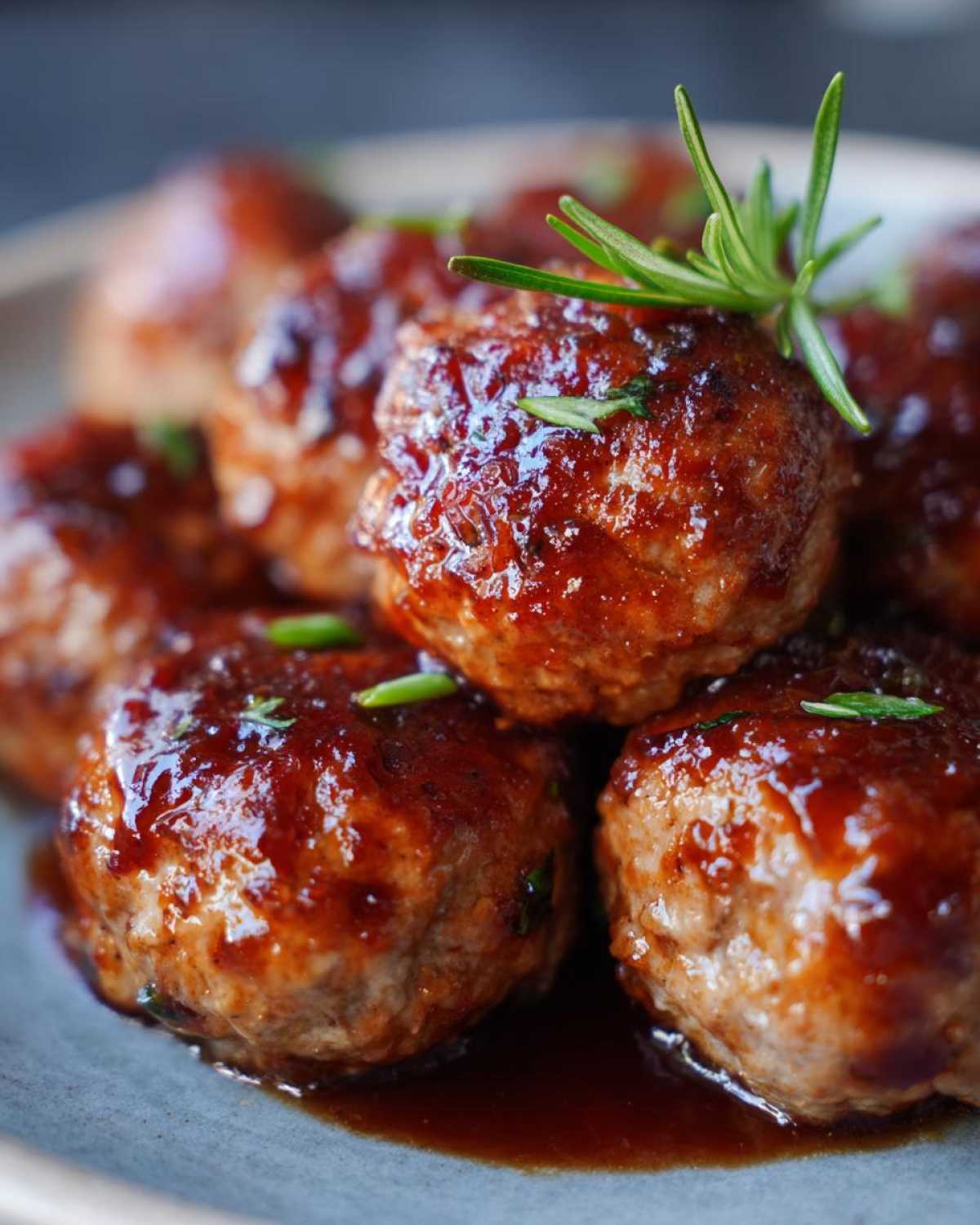 Close-up of glazed honey garlic turkey meatballs on a plate, garnished with rosemary.