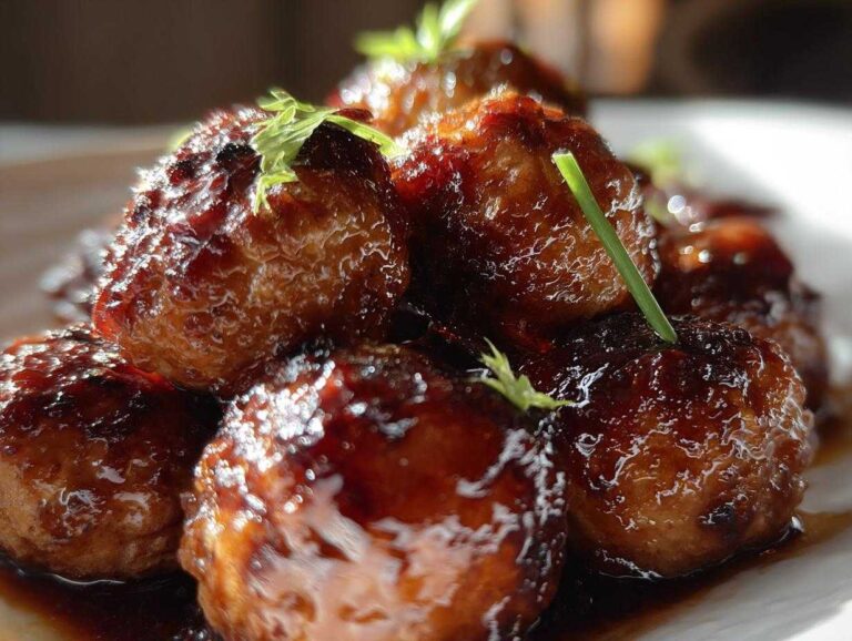 A close-up of glazed honey garlic turkey meatballs, garnished with fresh herbs.