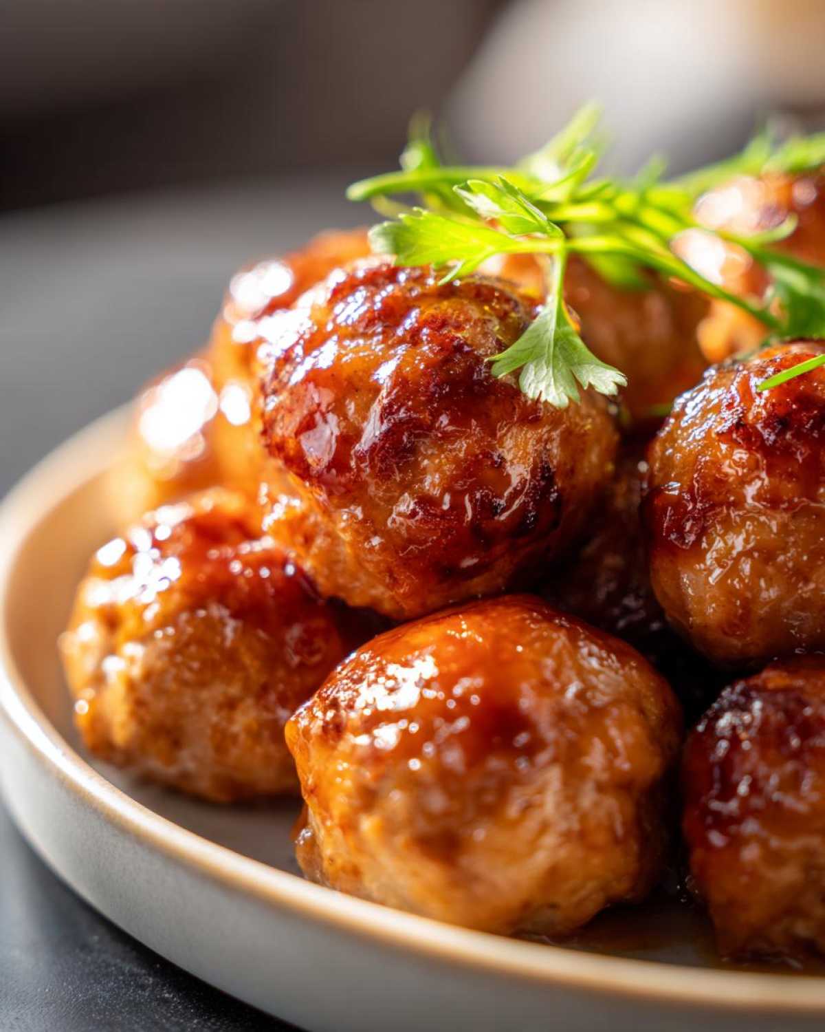 A close-up of glazed honey garlic turkey meatballs, garnished with parsley, served on a plate.