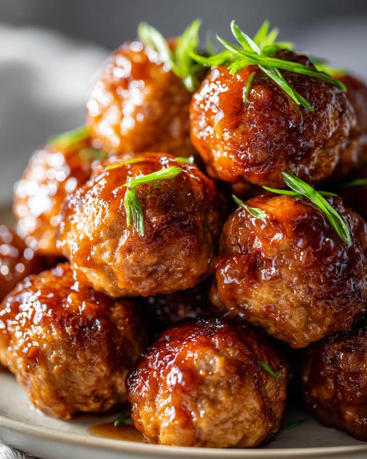 A stack of glazed Honey garlic turkey meatballs garnished with green onions on a plate.