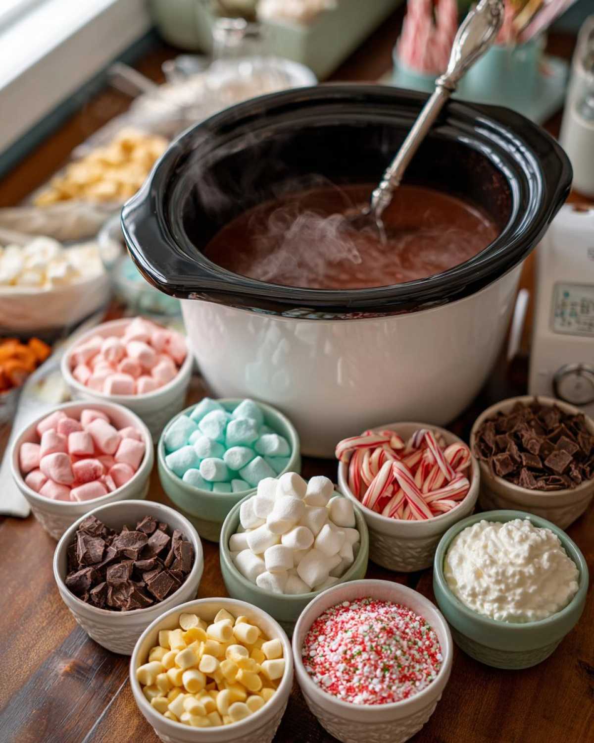 A hot cocoa bar featuring a crockpot of steaming hot cocoa surrounded by bowls of marshmallows, candy canes, and other toppings.