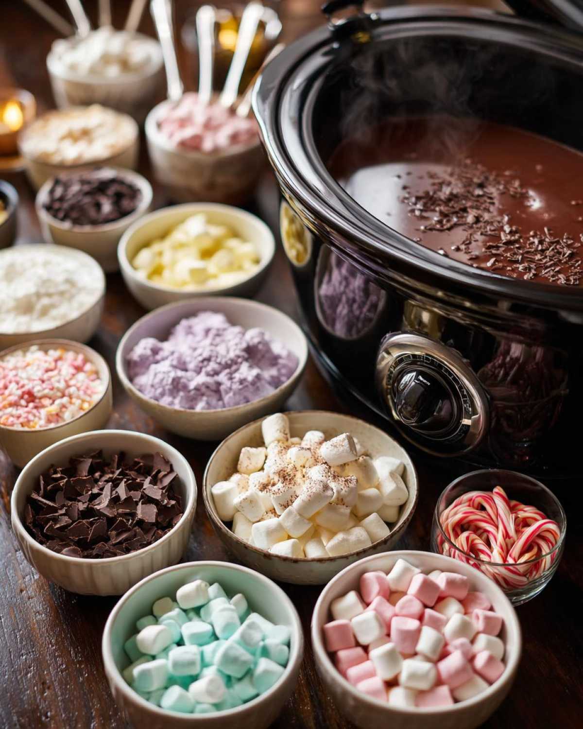 A hot cocoa bar setup with a crockpot of hot cocoa and various toppings like marshmallows, sprinkles, and candy canes.