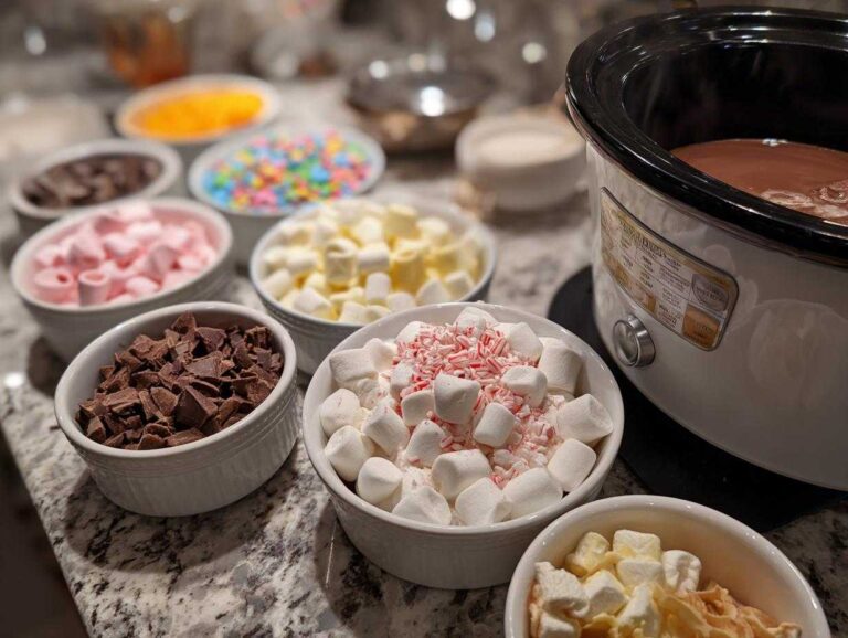 A hot cocoa bar featuring a slow cooker with hot cocoa and bowls of toppings like marshmallows and chocolate.