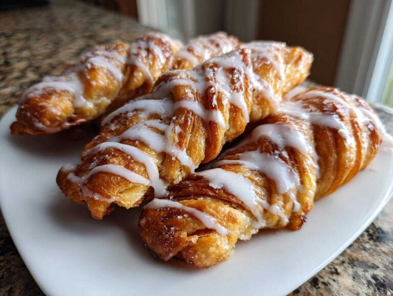 Close-up of glazed cinnamon twists on a white plate, showcasing their flaky texture and sweet icing.