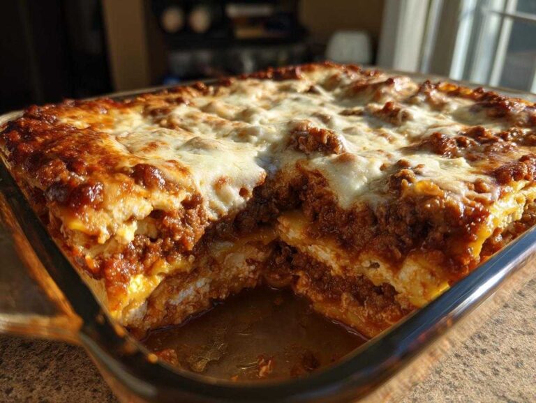 Close-up of a freshly baked Lasagna with Cottage Cheese in a glass baking dish, showing layers of pasta, meat sauce, and cheese.