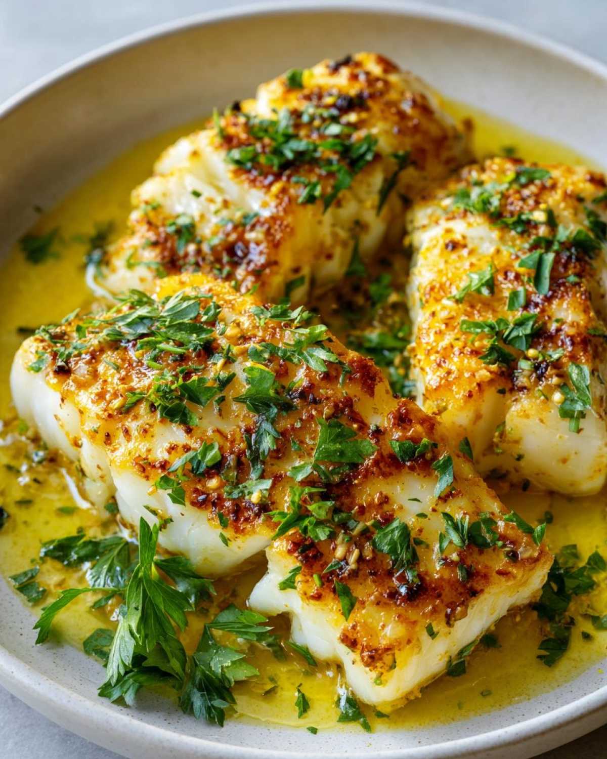 Three pieces of lemon butter baked cod, garnished with fresh parsley and served in a lemon butter sauce.