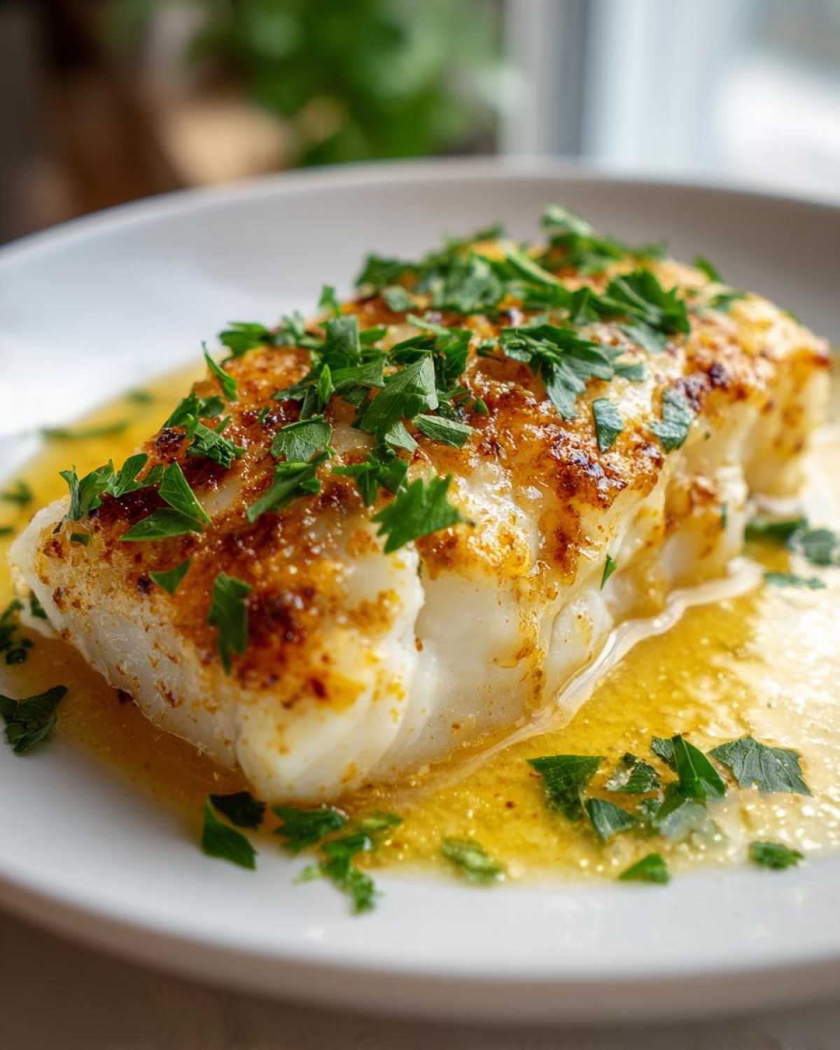 A delicious serving of lemon butter baked cod, garnished with fresh parsley on a white plate.