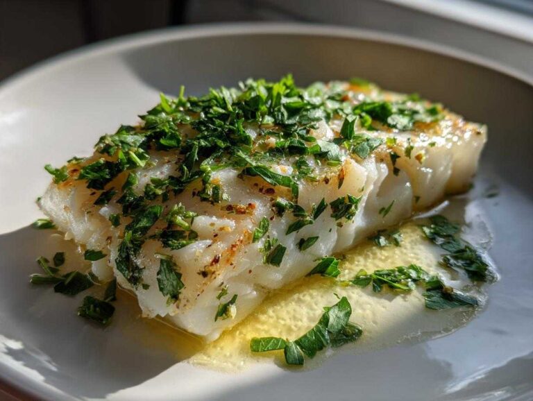 A piece of lemon butter baked cod, topped with fresh herbs, sits on a white plate.