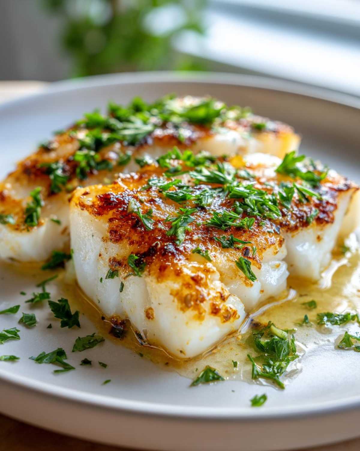 Two pieces of lemon butter baked cod, garnished with fresh parsley, served on a white plate.