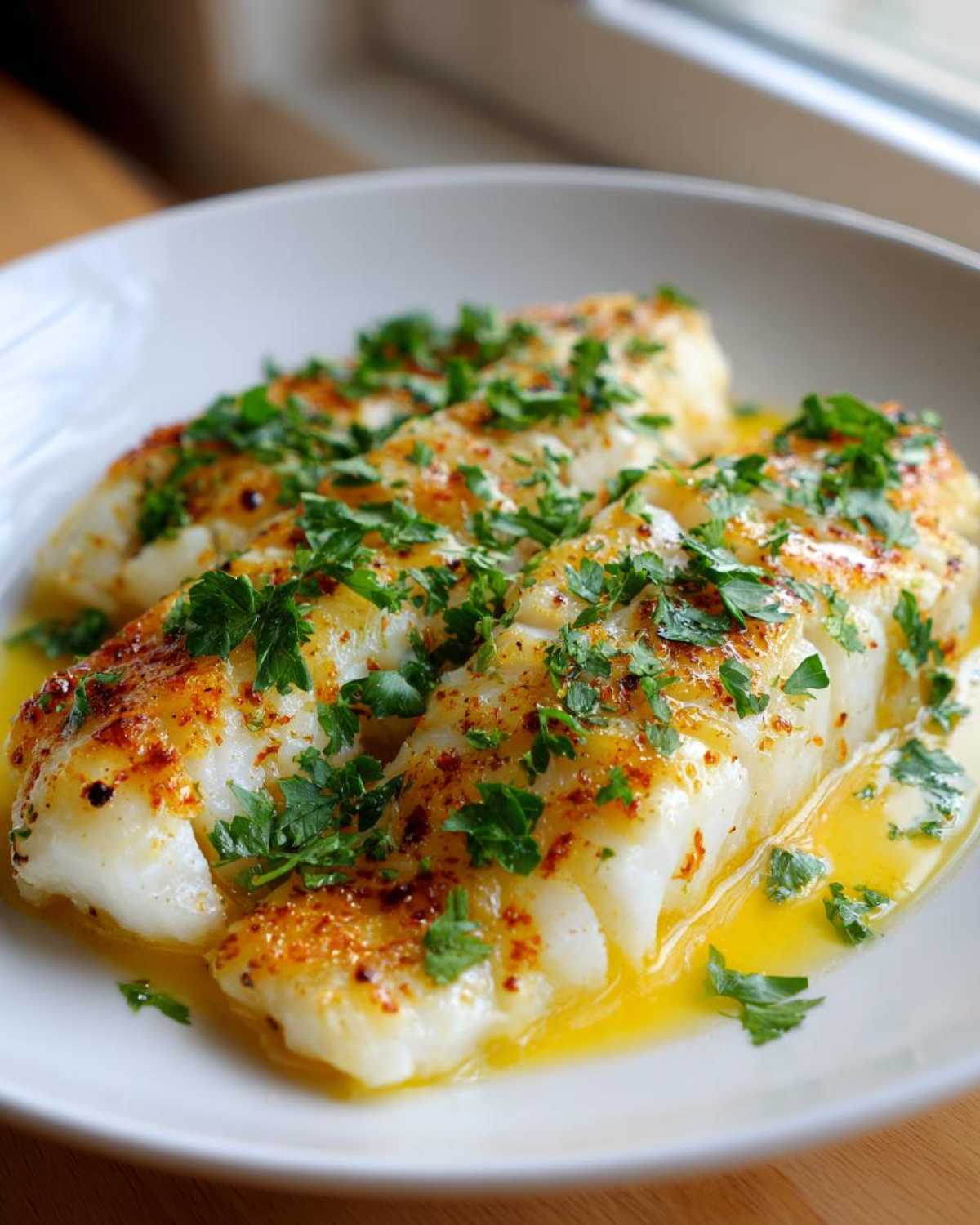 Three pieces of lemon butter baked cod on a white plate, garnished with fresh parsley.