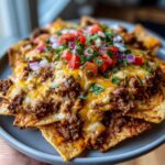 A plate of delicious beef nachos topped with melted cheese, seasoned ground beef, tomatoes, red onions, and cilantro.