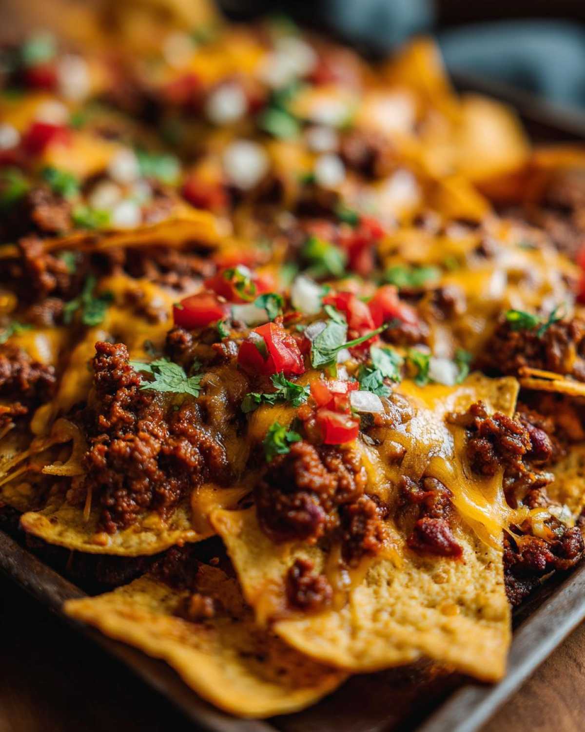 Close-up of loaded beef nachos with melted cheese, tomatoes, onions, cilantro, and seasoned ground beef.