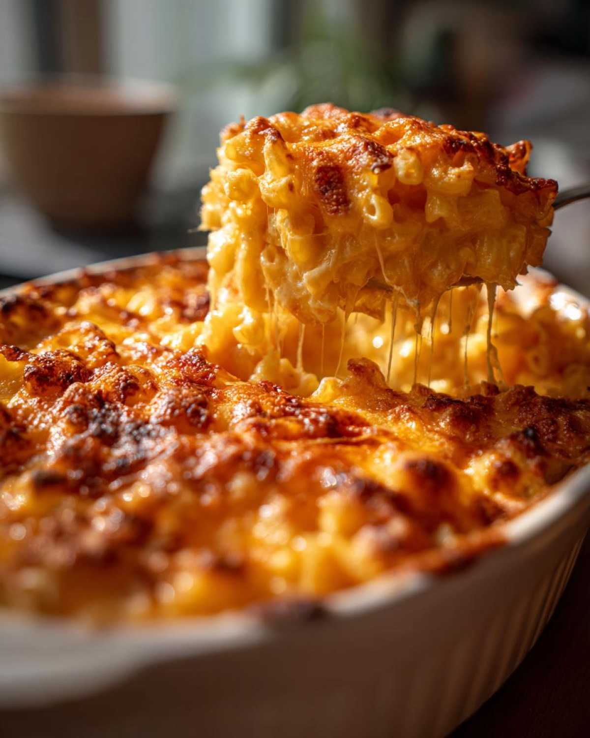 A spoonful of creamy mac and cheese recipe being lifted, showing the cheesy, gooey texture.